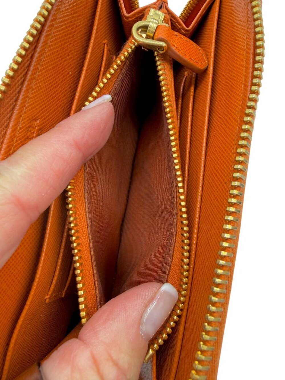 Prada Orange/Red Saffiano Leather Bicolor Zip Around Wallet featuring a gold log - Picture 5 of 12